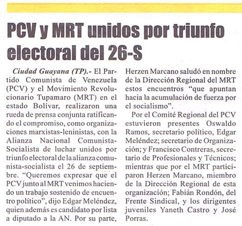 PCV Y MRT unidos por triunfo electoral del 26-S