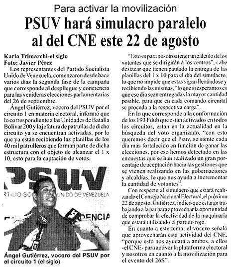 PSUV hará simulacro paralelo al del CNE este 22 de agosto El