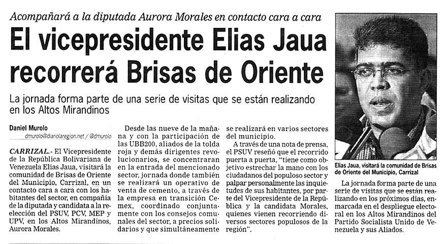 El vicepresidente Elías Jaua recorrerá Brisas de Oriente La