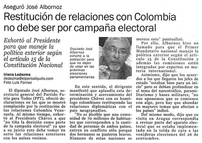 Restitución de relaciones con Colombia no debe ser por campaña