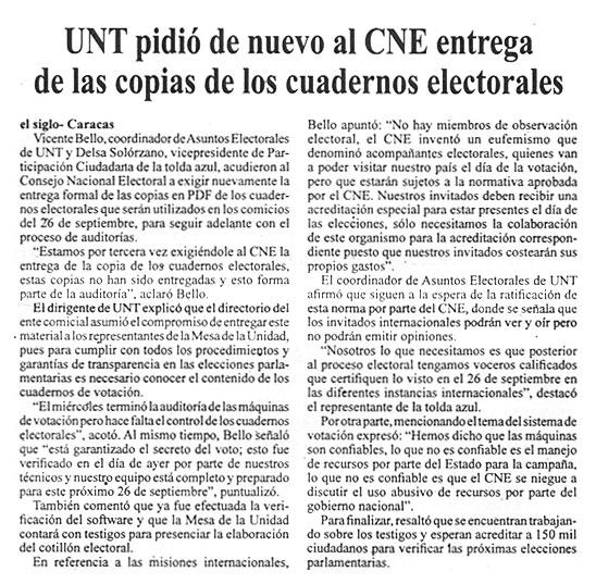 UNT pidió de nuevo al CNE entrega de las copias de los cuadernos