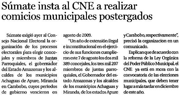 Súmate insta al CNE a realizar comicos municipales postergados