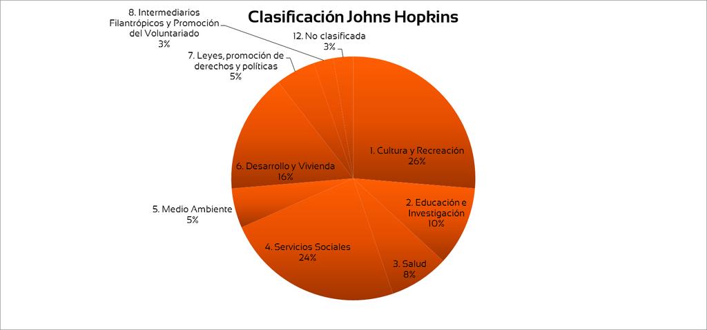 De acuerdo a la clasificación de la Universidad Johns Hopkins, 10 organizaciones concentran su actividad misional en Cultura y Recreación, 9 en Servicios Sociales, y 6 en Desarrollo y Vivienda.