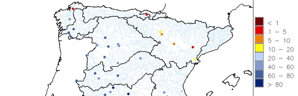 Figura 8 Cuantiles de caudal medio anual de la selección de estaciones en régimen alterado En los tramos medios y bajos de las cuencas internas de Galicia Costa y la cuenca del Duero se observa el
