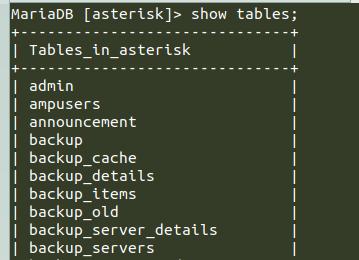 Si el comando anterior retorna como resultado las tablas de la base de datos de asterisk, entonces la configuración fue realizada correctamente.