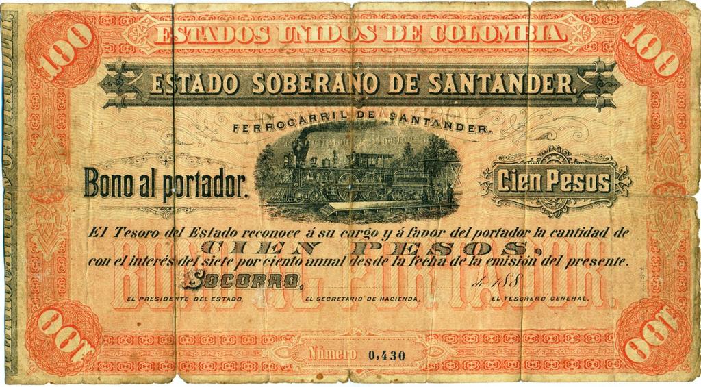 Estado Soberano de Santander, bono al portador, cien pesos, 188. José A.