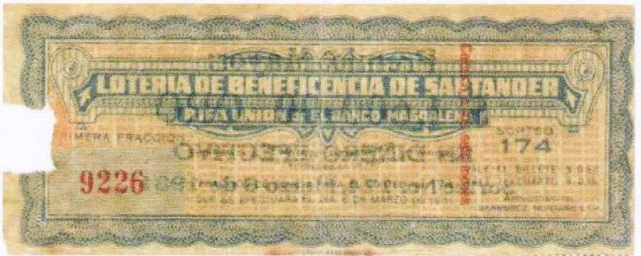 Los colores son blanco y negro. Lotería de la Beneficencia de Cundinamarca, 1924 Lotería de la Beneficencia de Santander Sorteo 174. No. 9226.
