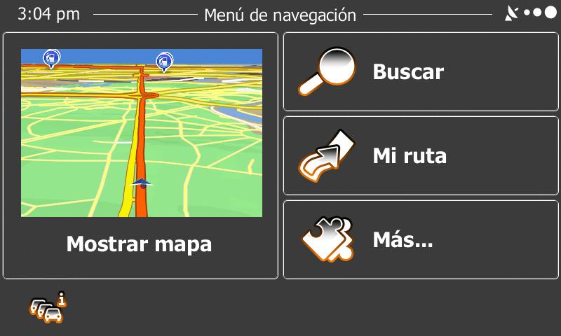 Menú de navegación Toque en la pantalla Mapa para abrir el Menú de navegación. Tras la configuración inicial y cada vez que se inicie el software, aparecerá el Menú de navegación.