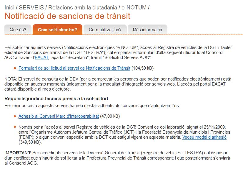 Sol licitud del servei al web del Consorci AOC Cal un certificat digital emès