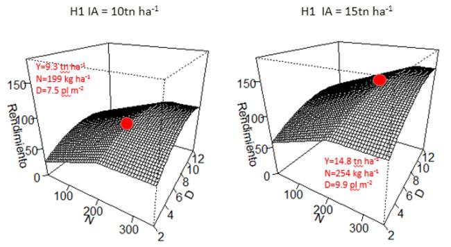 Figura 3. Ejemplo de salida del modelo para el híbrido H1 y 2 ambientes diferentes (10 tn y 15 tn). N indica el nitrógeno total y D la densidad de plantas lograda.