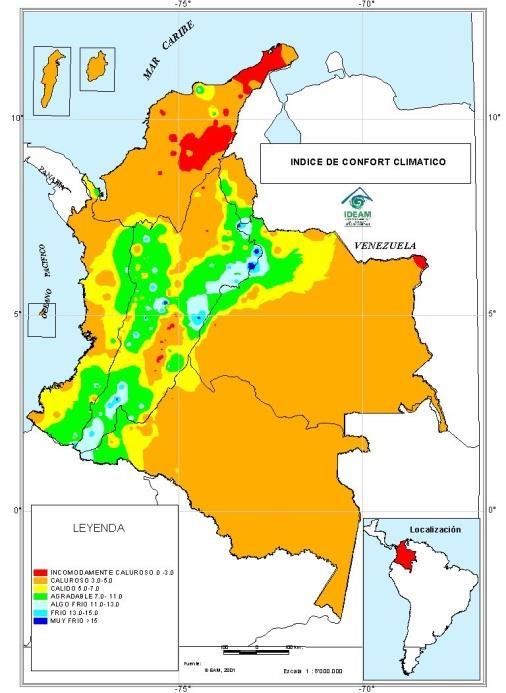 EL CONFORT CLIMÁTICO EN COLOMBIA El umbral de confort (categorías cálido, bienestar y algo frío), dentro del cual se dispone de relativa comodidad desde el punto de vista climático, ocupa un alto