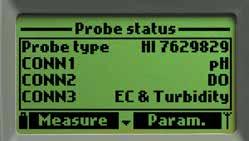 Reconocimiento automático de sensores En este ejemplo el HI9829 está identificando un sensor de ph, uno de oxígeno disuelto y uno de CE/turbidez.