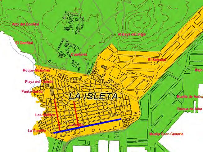 1.8.1.- Área Territorial Centro Página 23 1.8.1.1.- La Isleta El ámbito de La Isleta se localiza al norte del Área Territorial Centro, comprende únicamente el barrio de La Isleta, en el cual se incluye la zona industrial de El Sebadal.
