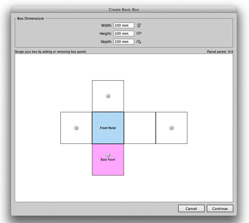 3 2. Introduzca la Anchura, Altura y Profundidad para la caja que desea crear. 3. Deﬁna los Paneles. Puede elegir como se construye la caja, añadiendo o eliminando paneles.