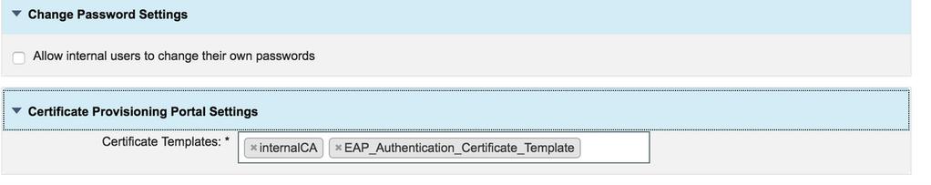 Bajo el certificado Provisioning las configuraciones porta, especifique los Certificate Template plantilla de certificado se permiten que. Paso 9.