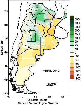 Durante abril se registraron anomalías de precipitación inferiores a las normales en gran parte país, siendo las más significativas las observadas en Buenos Aires, este de Córdoba, Entre Ríos,