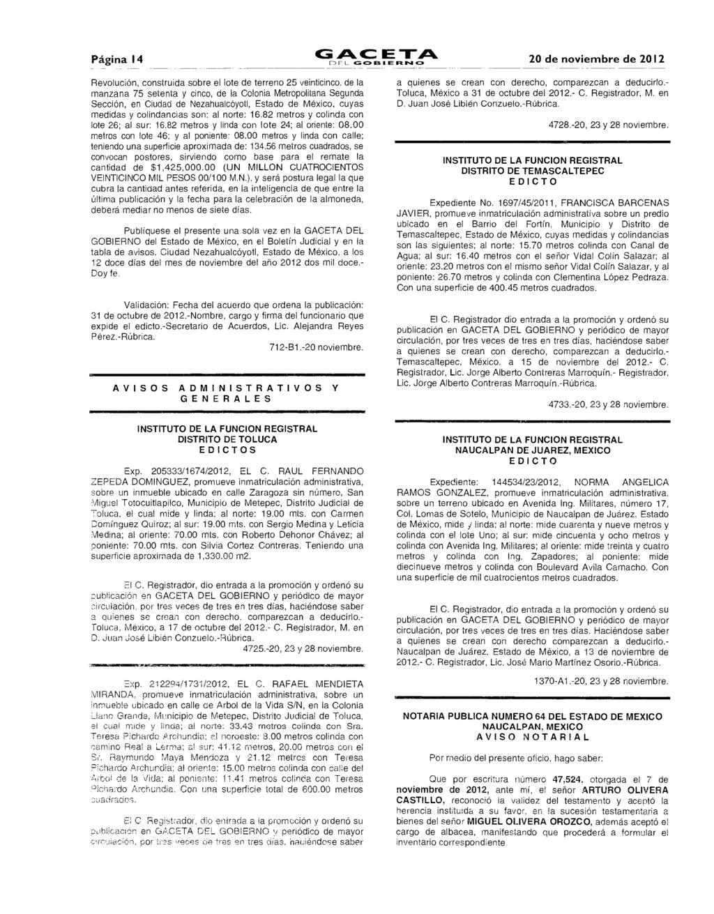 Página 14 GACETA r-del GC7 IES IE Fe TI C. 20 de nviembre de 2012 Revlución, cnstruida sbre el lte de terren 25 veinticinc.