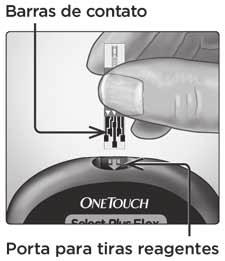 Testar 3 Preparação do medidor 1. Insira uma tira reagente para ligar o medidor Insira uma tira reagente na porta para tira reagente, com as barras de contato voltadas para você.
