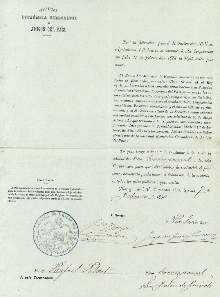 Carta de la direcció de la Sociedad Econónima Gerundense de Amigos del País a Rafael Patxot i Ferrer, 7 de febrer de 1880 [Imatge de la portada: Rafael