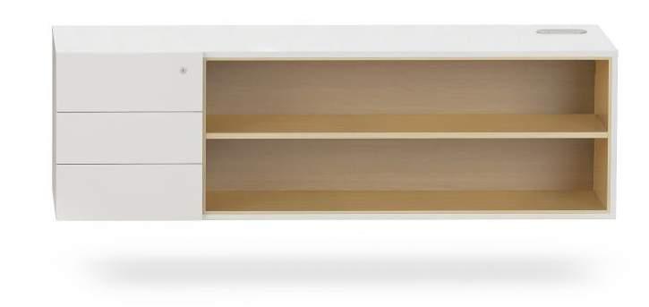 Credenza simple avec poignées (3 tiroirs ou 1 tiroir+ds), espace vide avec tablette et porteur PC. Dimensions: 180 cm ou 120 cm. Sortie-câbles dans le top et le sol.
