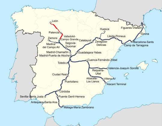 Palencia y León, los puntos de bloqueo (PB) de Dueñas y Villada, las bifurcaciones de Venta de Baños y Villamuriel así como de los dos cambiadores de León en
