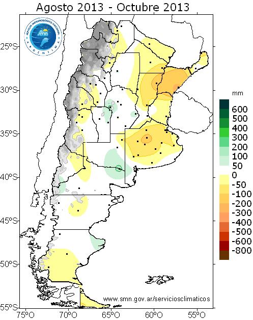 Las mayores anomalías negativas correspondieron a Paso de los Libres (-221.5 mm), Monte Caseros (-195.7 mm), Reconquista (-130.8 mm) y Nueve de Julio (-118.4 mm), entre otras.
