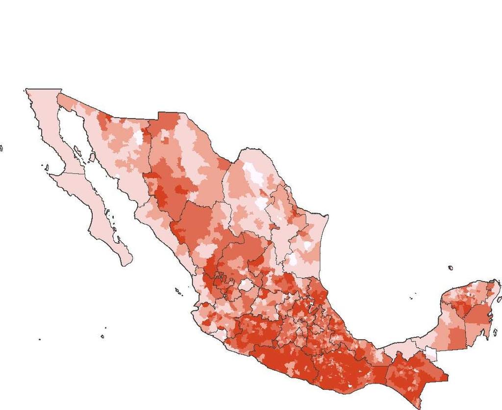 Mapa municipal del porcentaje de la población sin derechohabiencia a servicios de salud, 2005 Rangos Total de municipios [3.3-22.7) 34 [22.