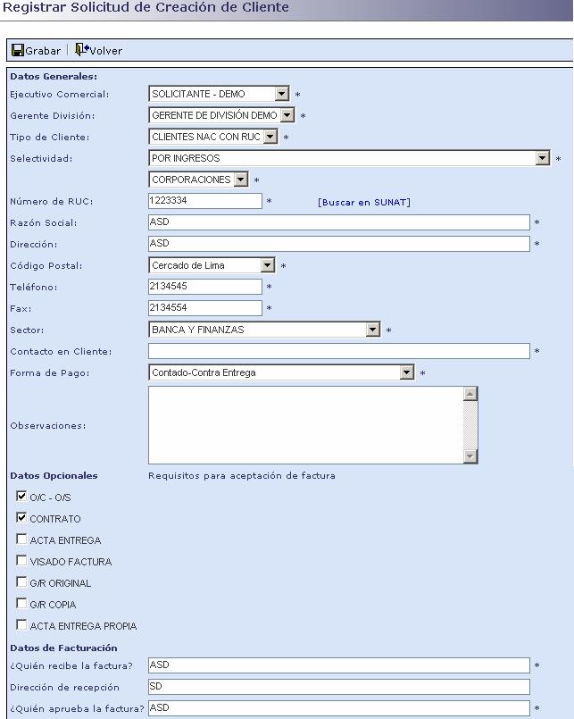 Grabar o Volver Figura 8 Una vez registrada toda la información correspondiente a los campos de las solicitudes, se procede a guardar la solicitud, dando clic en la opción Grabar.