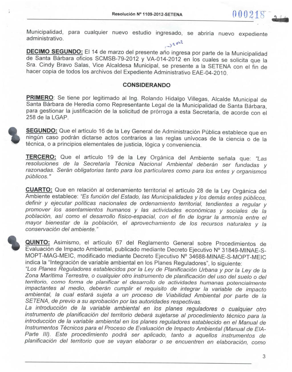 Resolución N 1109-2012-SETENA 00021H" administrativo.