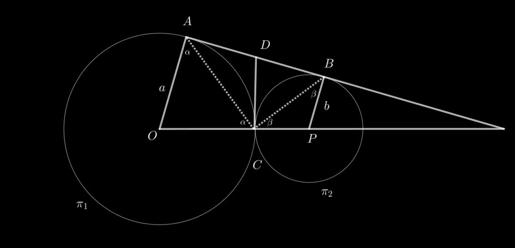 10. Dos circunferencias son tangentes exteriormente en el punto C, AB es una tangente común que no contiene a C, con A y B puntos de tangencia.