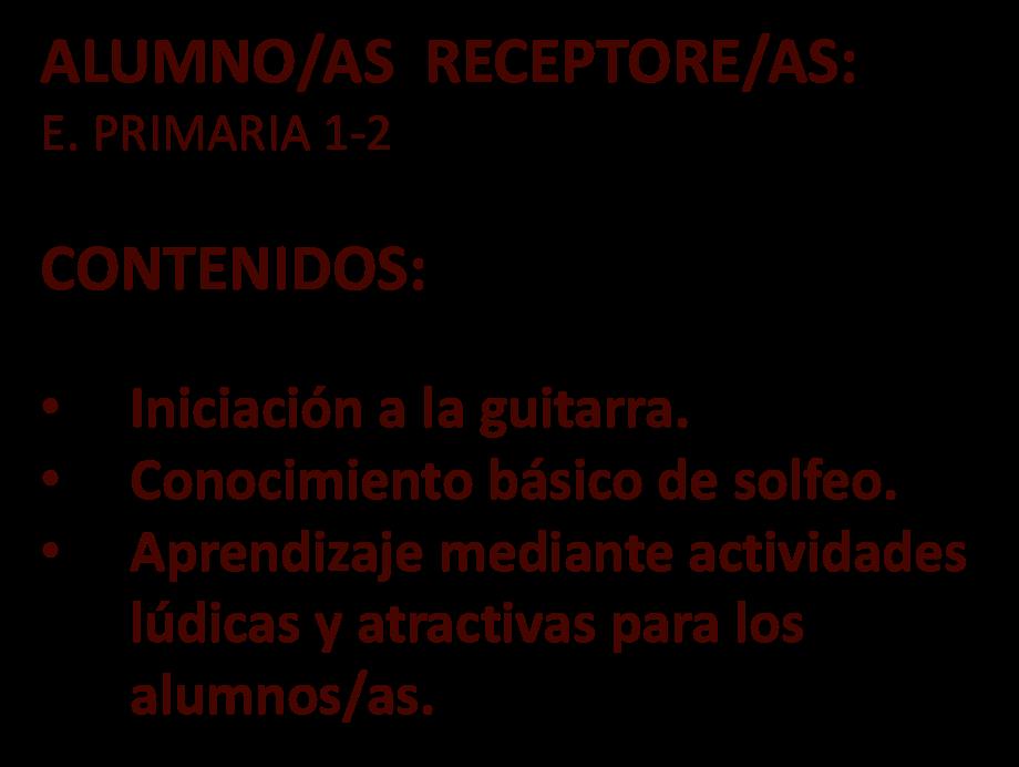 GUITARRA 15 ALUMNO/AS RECEPTORE/AS: E. PRIMARIA 1-2 CONTENIDOS: Iniciación a la guitarra.