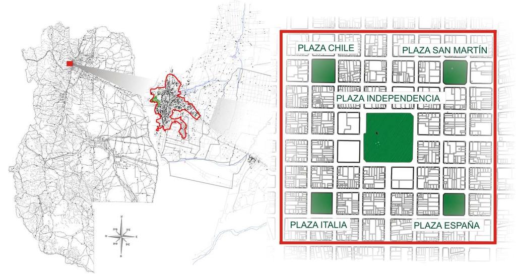 Figura 1. Localización y características del espacio muestral, dentro del Área Metropolitana de Mendoza (AMM). Se detectaron con mayor frecuencia 9 tipos de revestimientos peatonales.