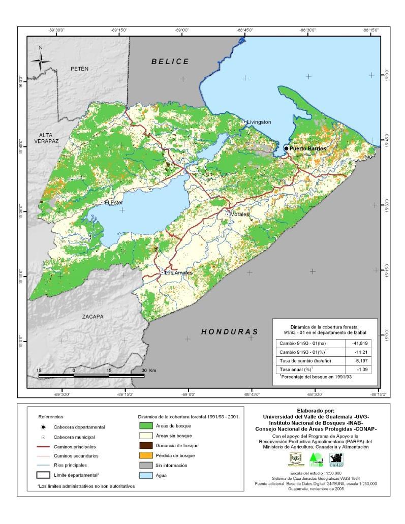 Figura 2. Mapa de cobertura forestal en Izabal 2006-2010 Fuente: SIFGUA La ganadería también influye en el cambio de uso de la tierra.