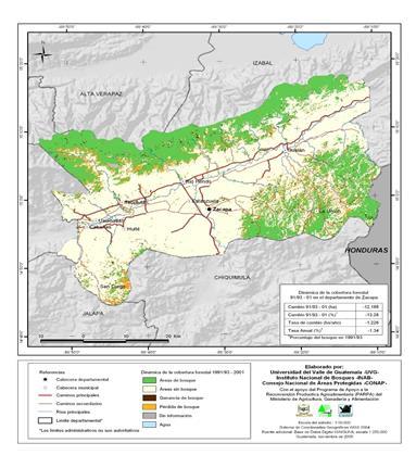 Figura 5. Mapa de cobertura forestal de Zacapa 2006-2010 Fuente: SIFGUA En el 2006 el departamento de Jalapa contaba con 23,417 ha de bosque, que representan únicamente el 11.