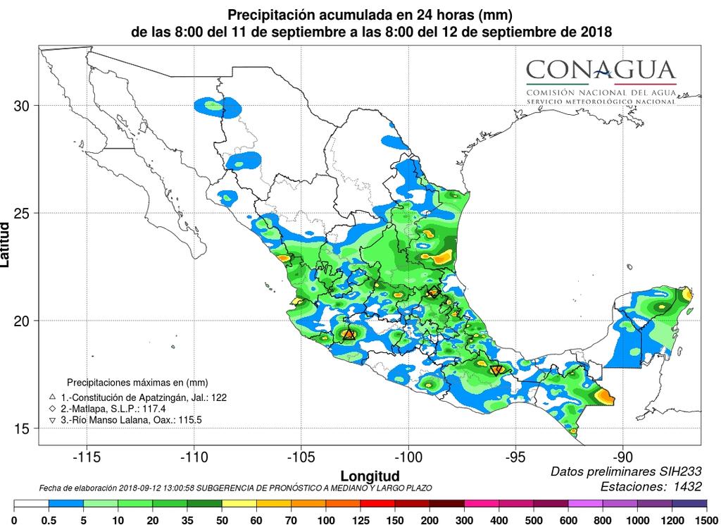 Reporte Meteorológico para la Agricultura No. Aviso: 177 Ciudad de México a 12 de Septiembre del 2018.