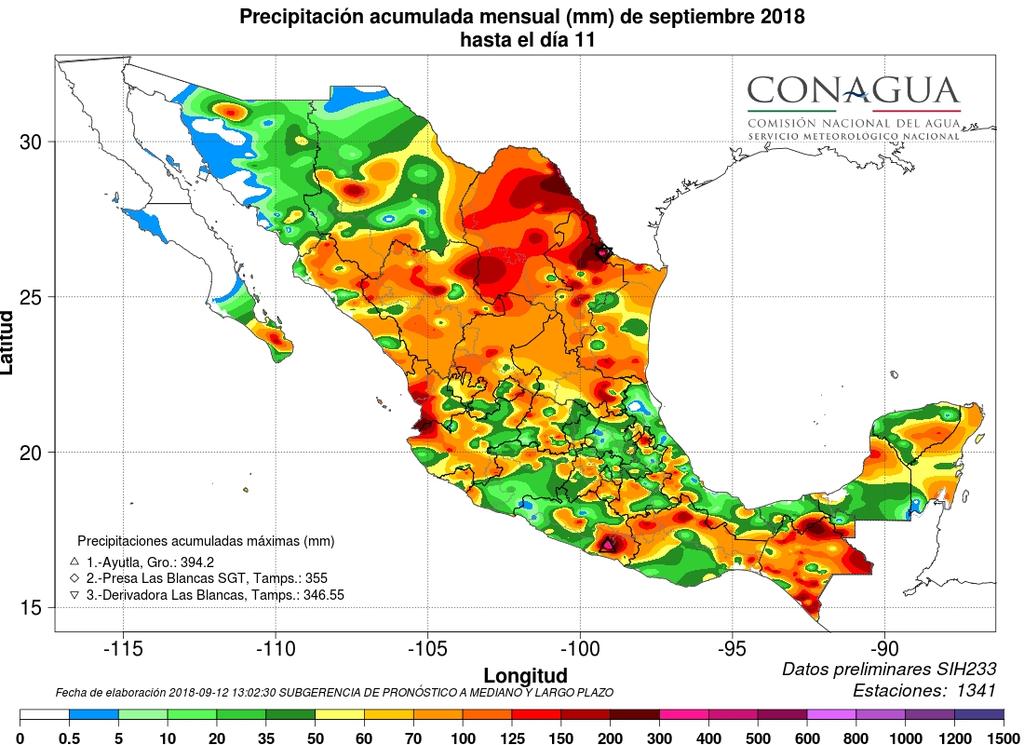 Precipitación y su anomalía registrada acumulada en lo que va del año 2018 en mm Temperaturas: análisis y pronóstico (mapas de modelos numéricos) (por localidad). T. Máx. en C: 44.5 en Mexicali, B.C.; 44.