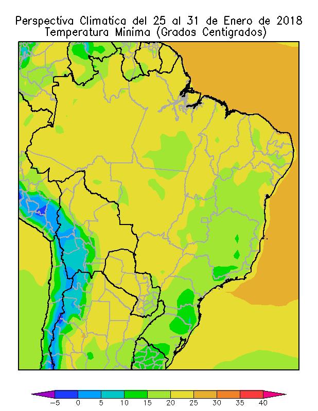 El norte, el nordeste y la mayor parte del interior del área agrícola del Brasil experimentarán temperaturas mínimas superiores a 20 C, con focos con