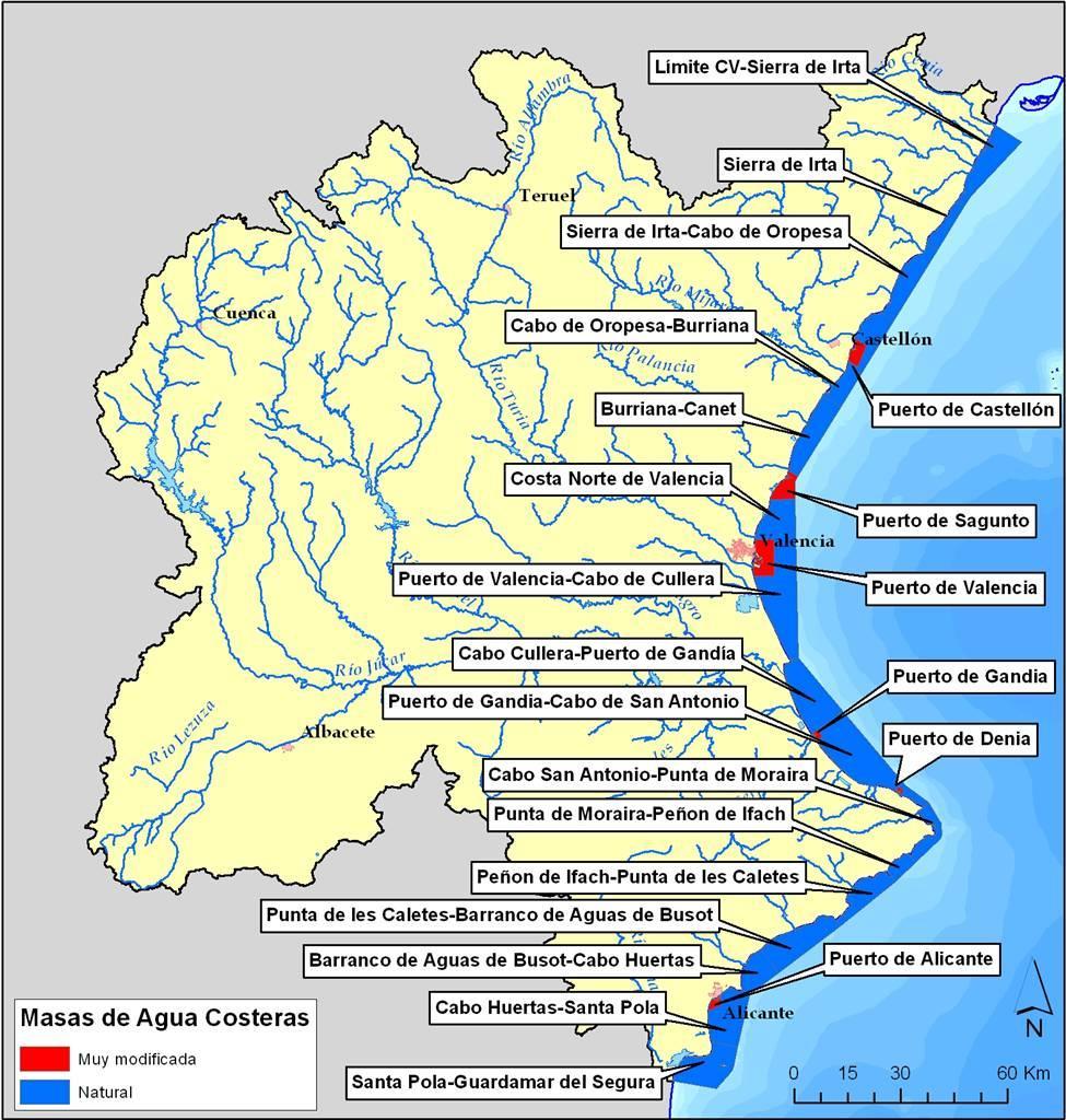 Ecotipo aguas costeras Nº masas de agua Total aguas costeras naturales 16 Aguas costeras mediterráneas de renovación baja 5 Aguas costeras mediterráneas de renovación alta 1 Total aguas costeras muy