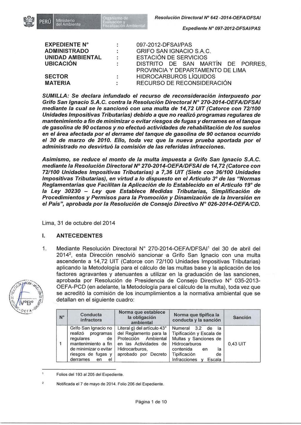 ... ~. -~1! Ministerio.. '. 1 Resolución Directora/ N 642-2014-0EFA/DFSAI -e-.