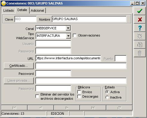 Clave: 003 Nombre: GRUPO SALINAS Canal: Webservice Tipo Webservice: Interfactura URL: https://www.interfactura.com/api/documento.asmx?