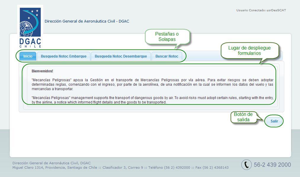 Usuario Funcionario DGAC: Pestañas o Solapas: Dan acceso a los formularios del sistema.