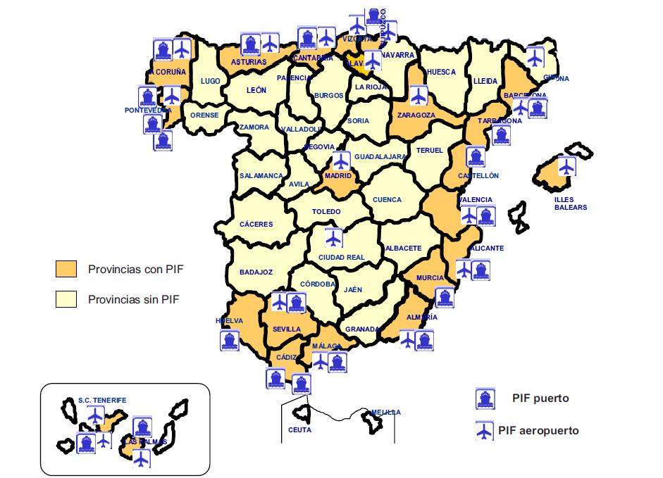 42 PIF en España: 21 Puertos y 21 Aeropuertos 80% mercancías