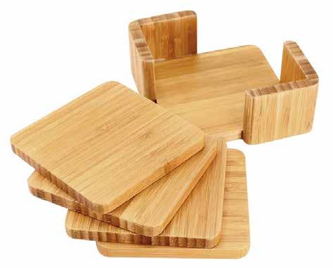 CÓD: B71 Set de 4 posavasos cuadrados 100% madera Bamboo, en contenedor 100% madera Bamboo.