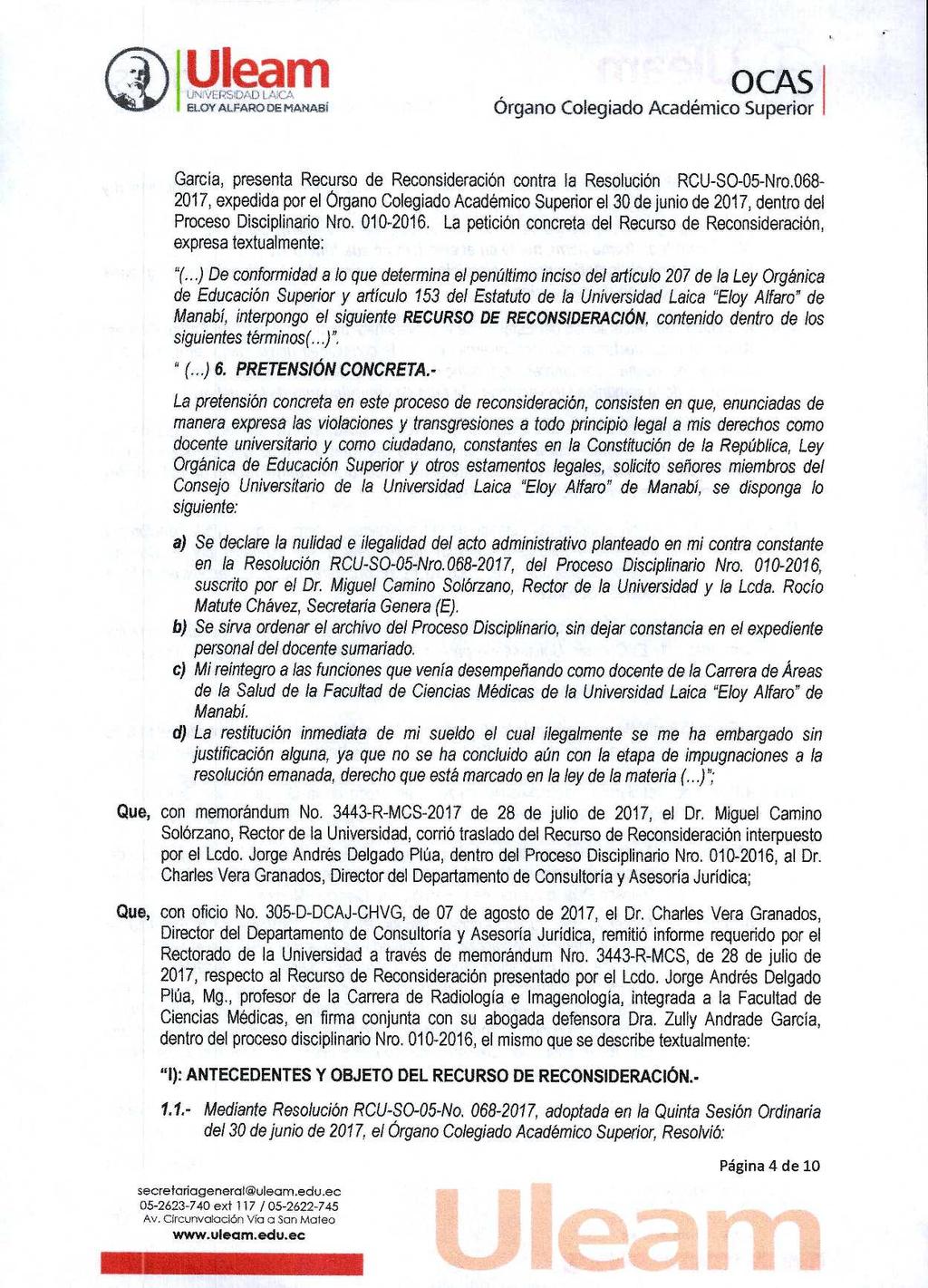 ñ\ly!~cam ~ aoyal.rarodemanabi OCAS García, presenta Recurso de Reconsideración contra la Resolución RCU-S0-05-Nro.