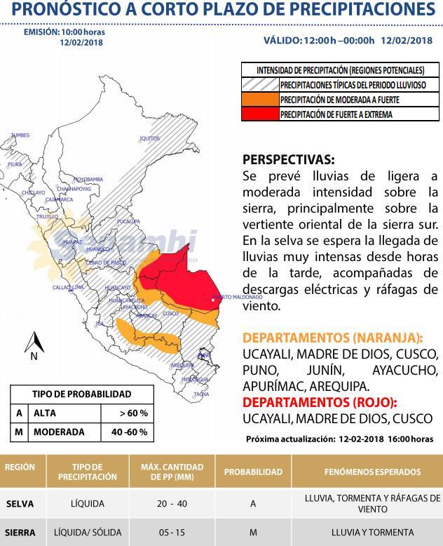 Lluvias extremas se presentarían desde esta tarde en regiones Ucayali, Madre de Dios y Cusco Precipitaciones de fuerte intensidad a extrema acompañadas descargas eléctricas y ráfagas de viento, se