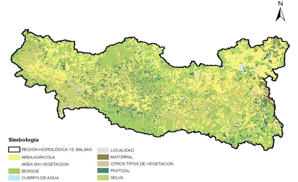 Usos del suelo en la RHA IV, Balsas Usos de suelo principales: bosques 26.4%, selvas 30.7%, zonas agrícolas 29.