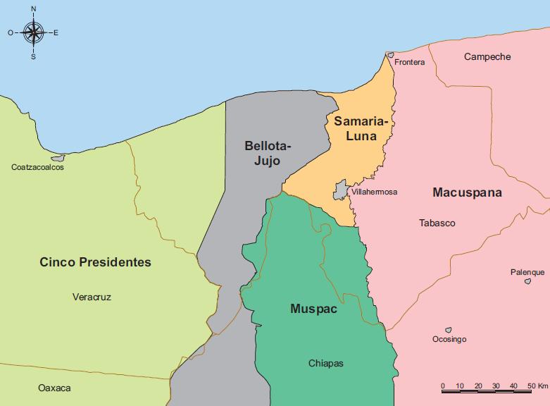 La Región Sur esta integrada por cinco activos integrales que son: Bellota-Jujo, Cinco Presidentes, Macuspana, Muspac y Samaria Luna y un activo regional de exploración.
