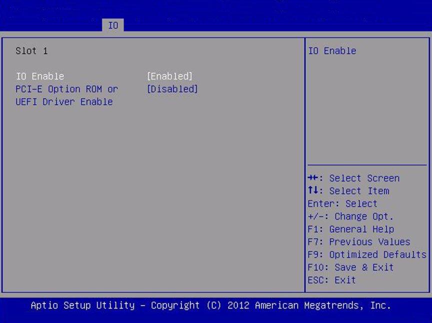 Configuración de la asignación de espacio de E/S y de ROM de opción Aparece una pantalla que muestra opciones para la ranura seleccionada. 4.