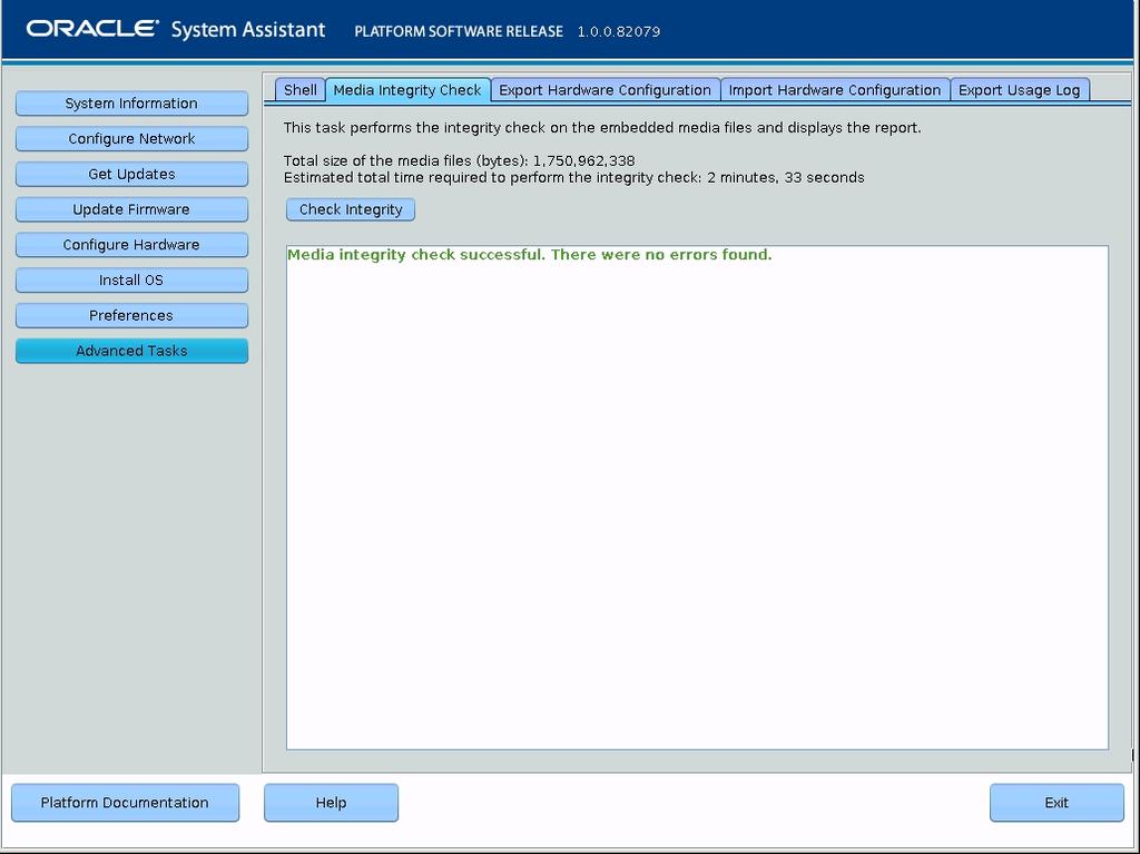 Restauración del software de Oracle System Assistant 3. Haga clic en el botón Check Integrity (Comprobar integridad).