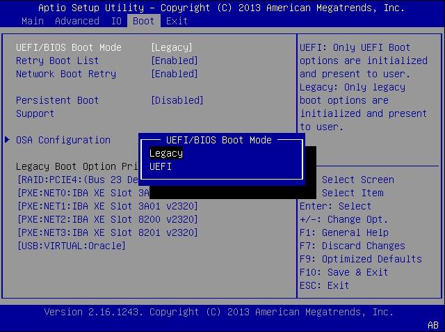 Selección del modo de inicio UEFI o Legacy (BIOS) Selección del modo de inicio UEFI o Legacy (BIOS) Atención - Si cambia el modo de inicio después de que ha instalado un sistema operativo (SO), el SO